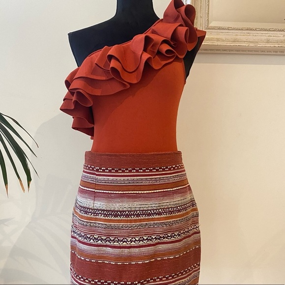 RODEO SHOW Ruffle Trim One Shoulder Viscose Rust Knit Top Blouse Stretch Size M - Picture 3 of 11